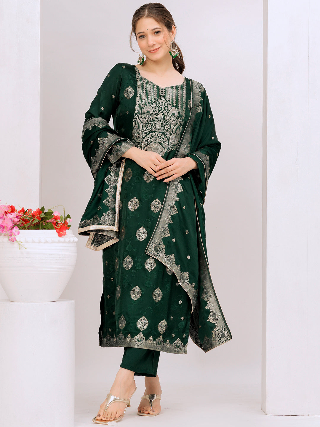 Libas Art Green Embroidered Silk Straight Suit With Dupatta