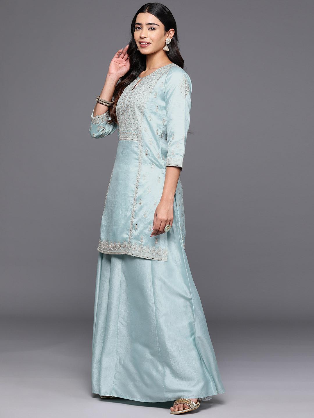 Libas Art Sea Green Embroidered Silk Blend Straight Kurta With Palazzos & Dupatta - ShopLibas
