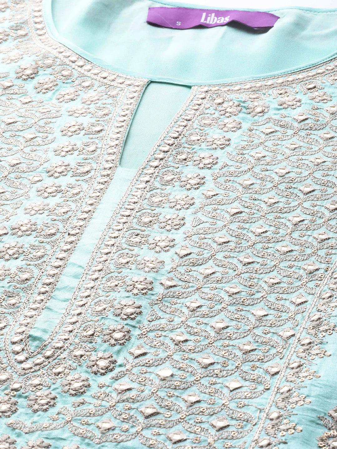 Libas Art Sea Green Embroidered Silk Blend Straight Kurta With Palazzos & Dupatta - ShopLibas