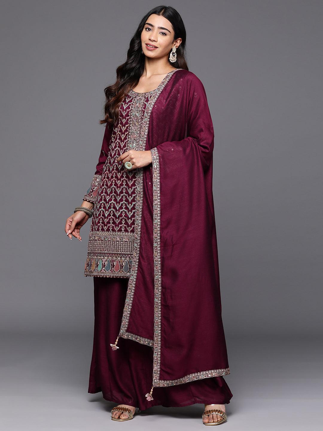 Maroon Embroidered Silk Blend Straight Suit With Dupatta