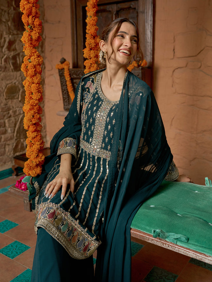 Libas Art Green Embroidered Georgette Anarkali Suit With Dupatta