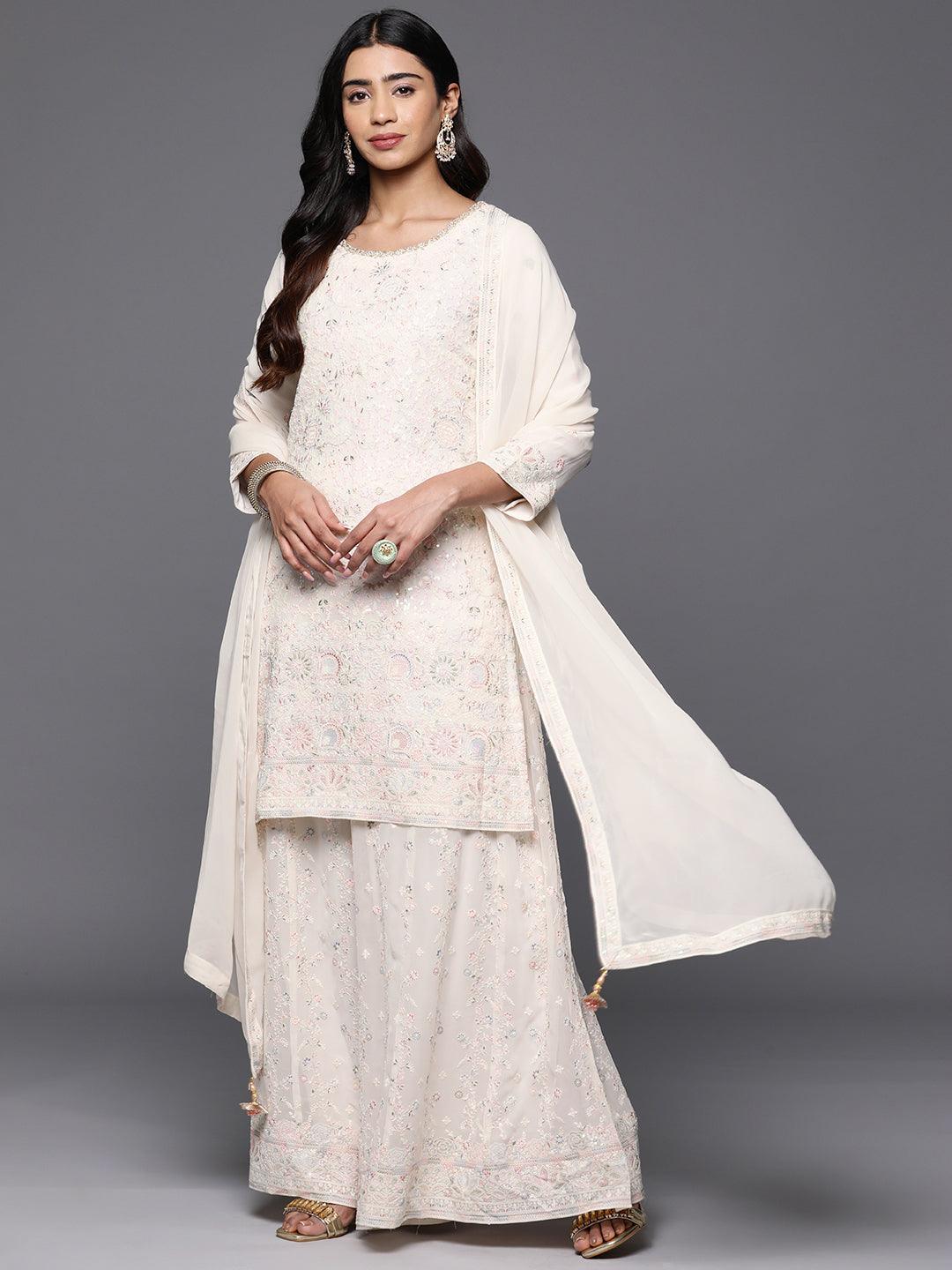 Libas Art Cream Embroidered Georgette Straight Kurta With Palazzos & Dupatta - ShopLibas