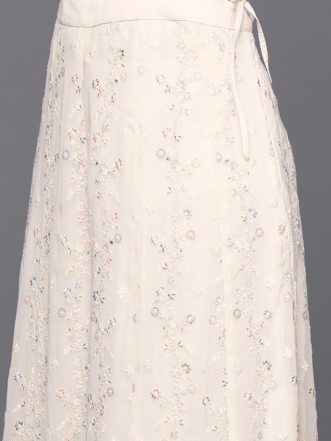 Libas Art Cream Embroidered Georgette Straight Kurta With Palazzos & Dupatta - ShopLibas