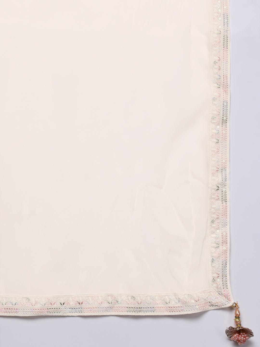 Libas Art Cream Embroidered Georgette Straight Kurta With Palazzos & Dupatta - ShopLibas