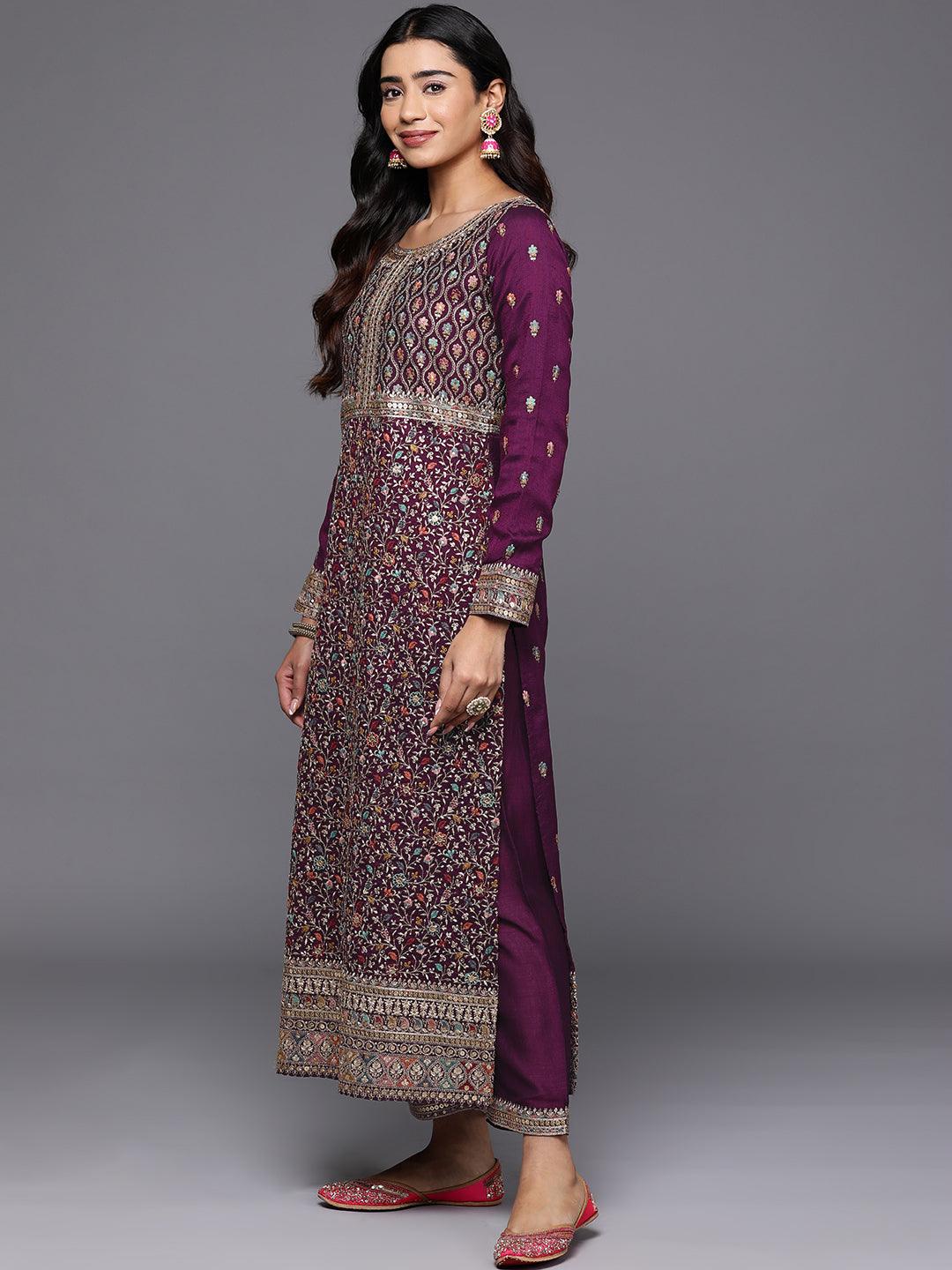 Libas Art Wine Embroidered Silk Blend Straight Kurta With Trousers & Dupatta - ShopLibas