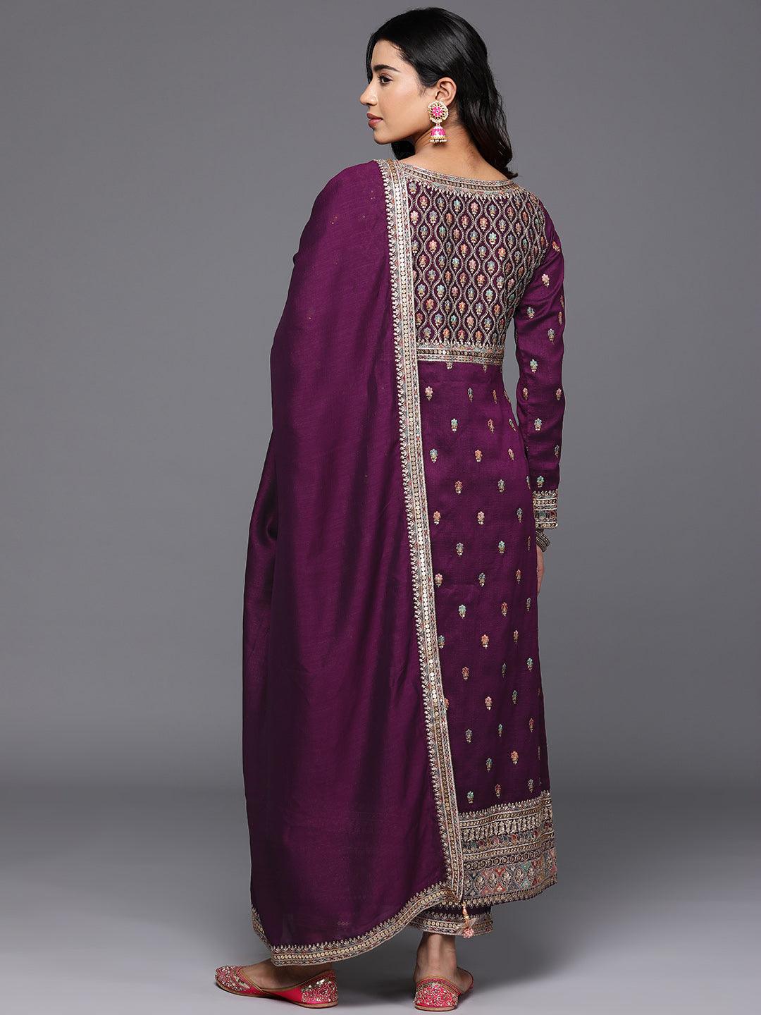 Libas Art Wine Embroidered Silk Blend Straight Kurta With Trousers & Dupatta - ShopLibas