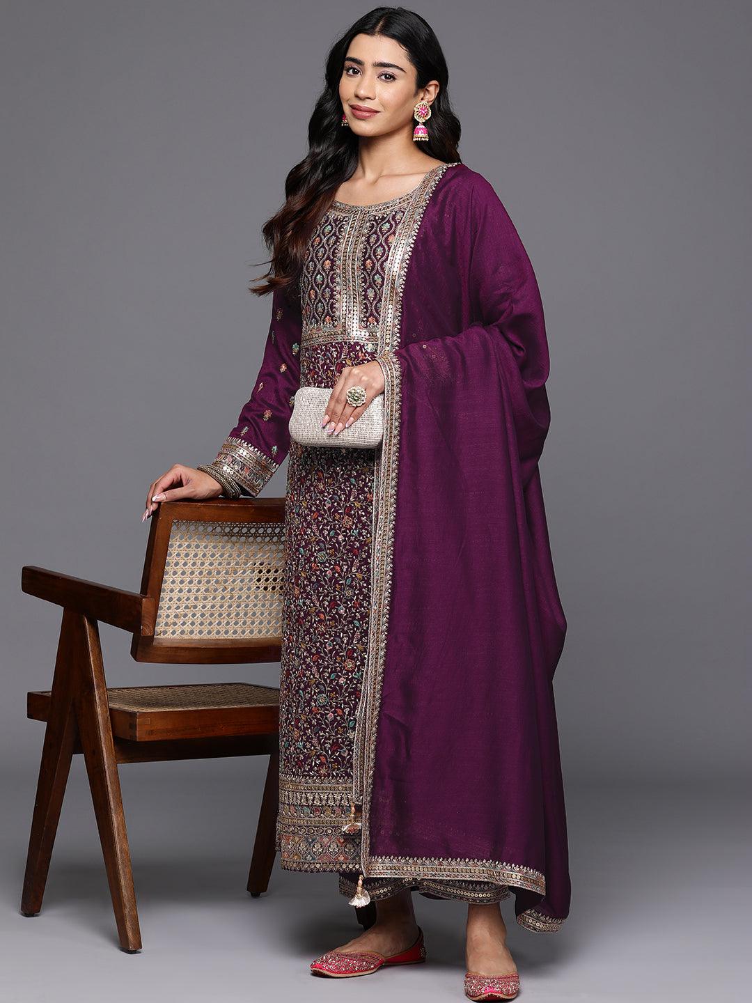 Libas Art Wine Embroidered Silk Blend Straight Kurta With Trousers & Dupatta - ShopLibas