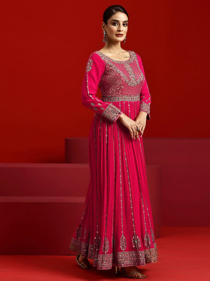 Libas Art Pink Embroidered Georgette A-Line Kurta With Trousers & Dupatta