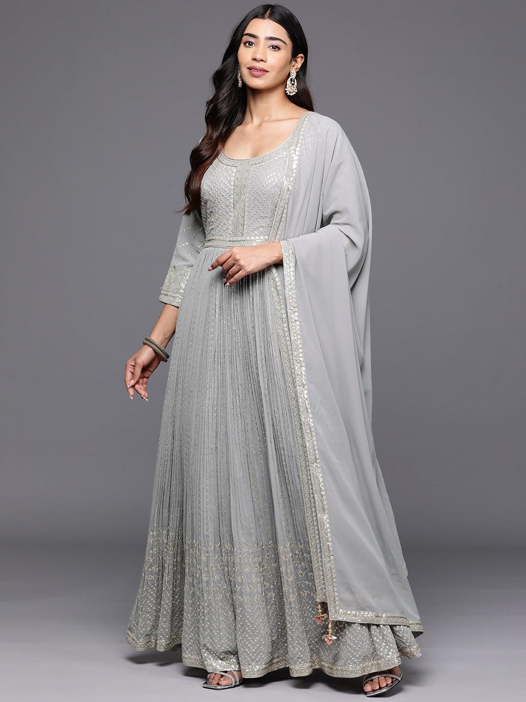 silver anarkali dress Andaaz Fashion Women's Embroidered Organza Grey Wedding Anarkali Suit