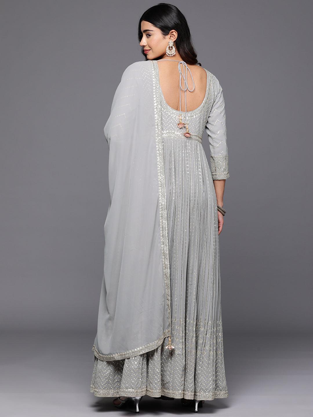 Libas Art Grey Embroidered Georgette Anarkali Kurta With Trousers & Dupatta - ShopLibas