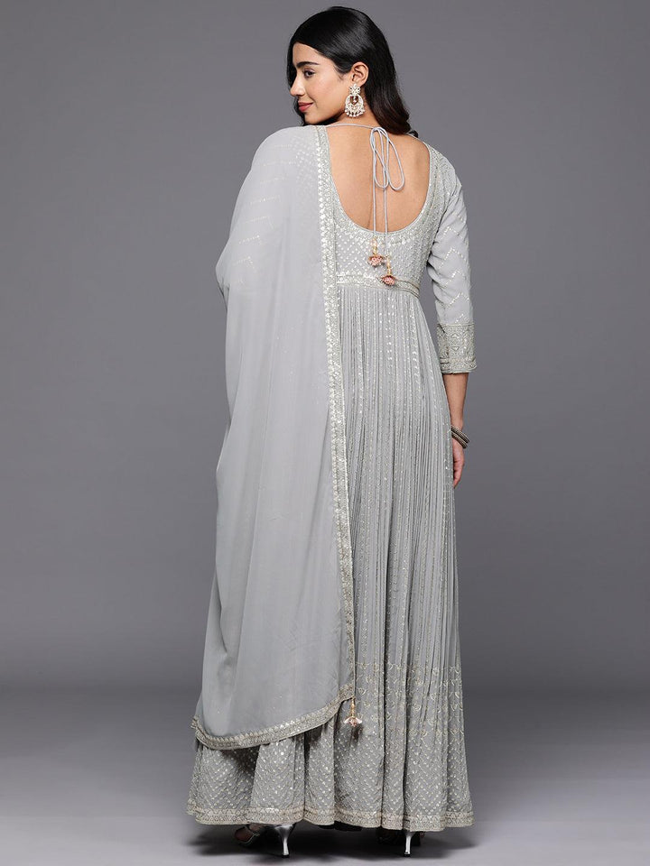 Libas Art Grey Embroidered Georgette Anarkali Suit With Dupatta