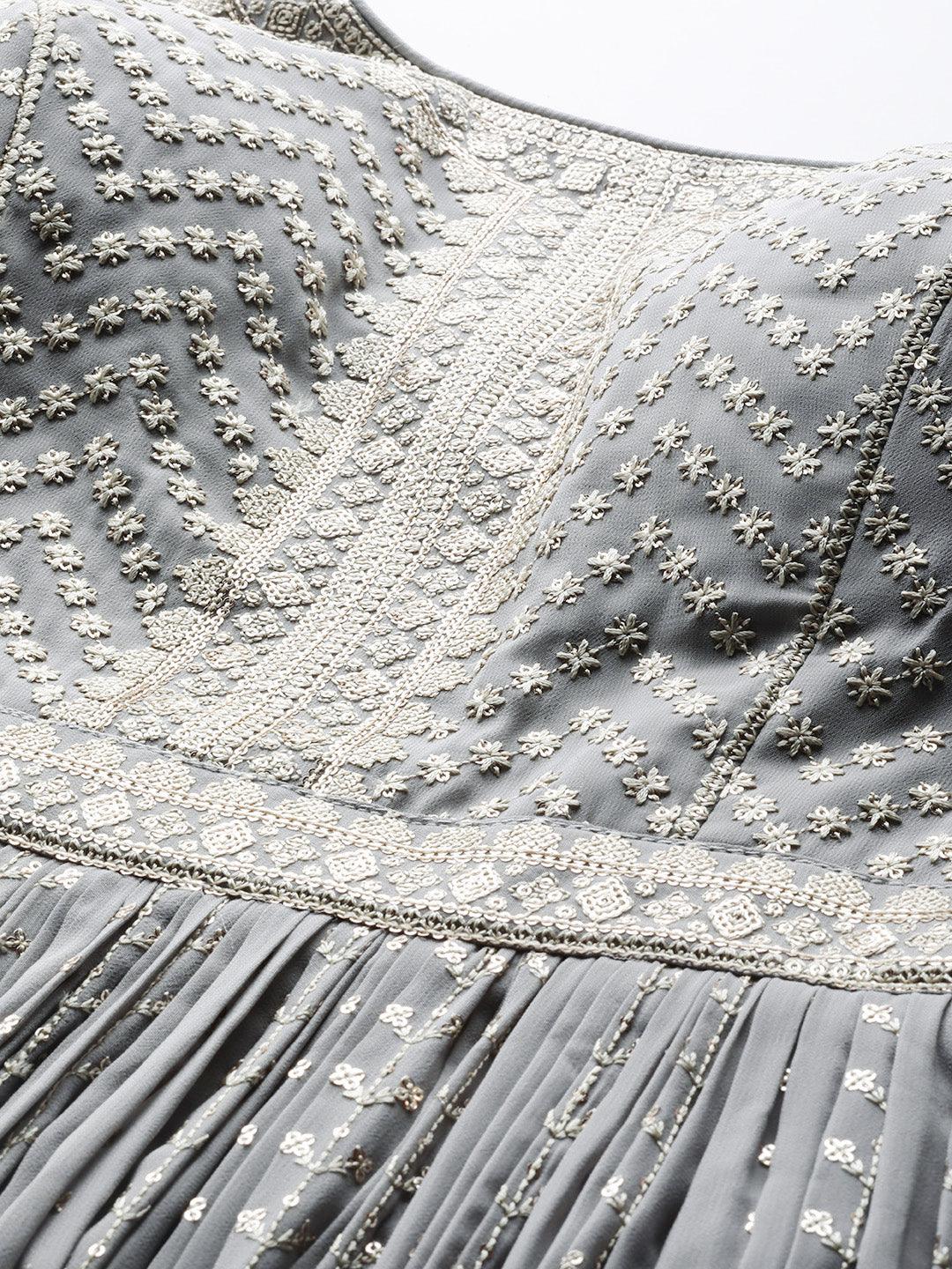Libas Art Grey Embroidered Georgette Anarkali Kurta With Trousers & Dupatta - ShopLibas