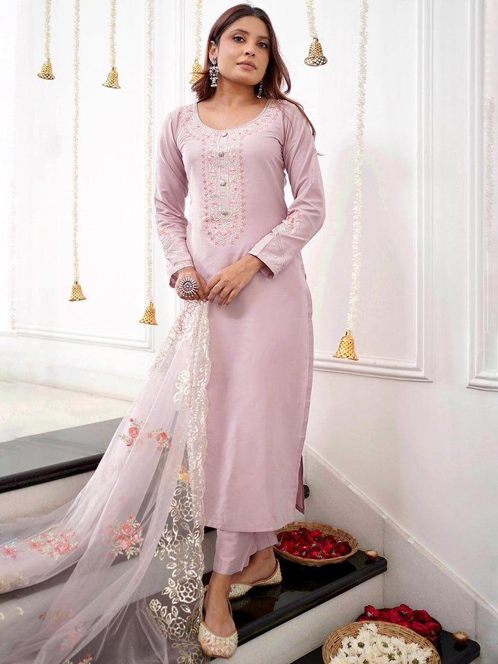 Mauve Yoke Design Silk Blend Straight Suit With Dupatta