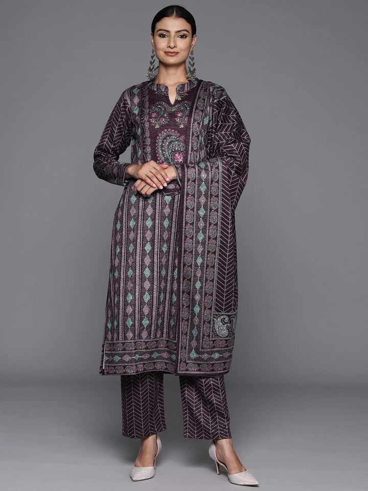 Purple Printed Wool Blend Straight Suit With Dupatta