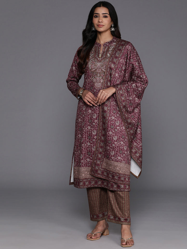 Maroon Printed Wool Blend Straight Suit With Dupatta