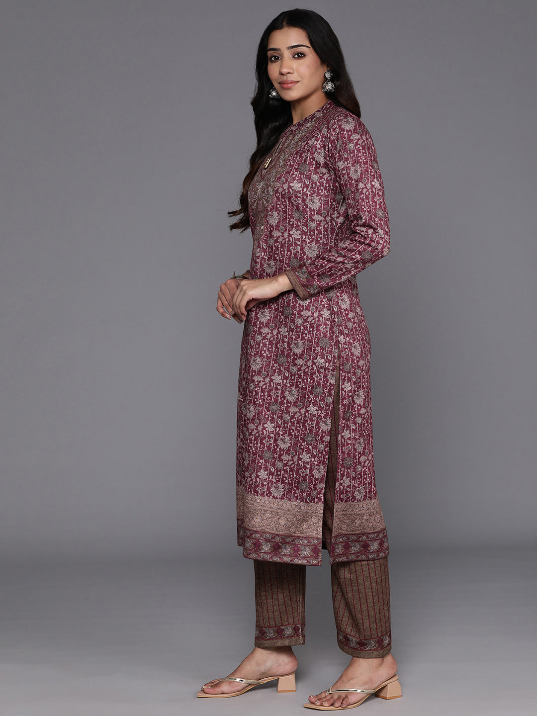 Maroon Printed Wool Blend Straight Suit With Dupatta