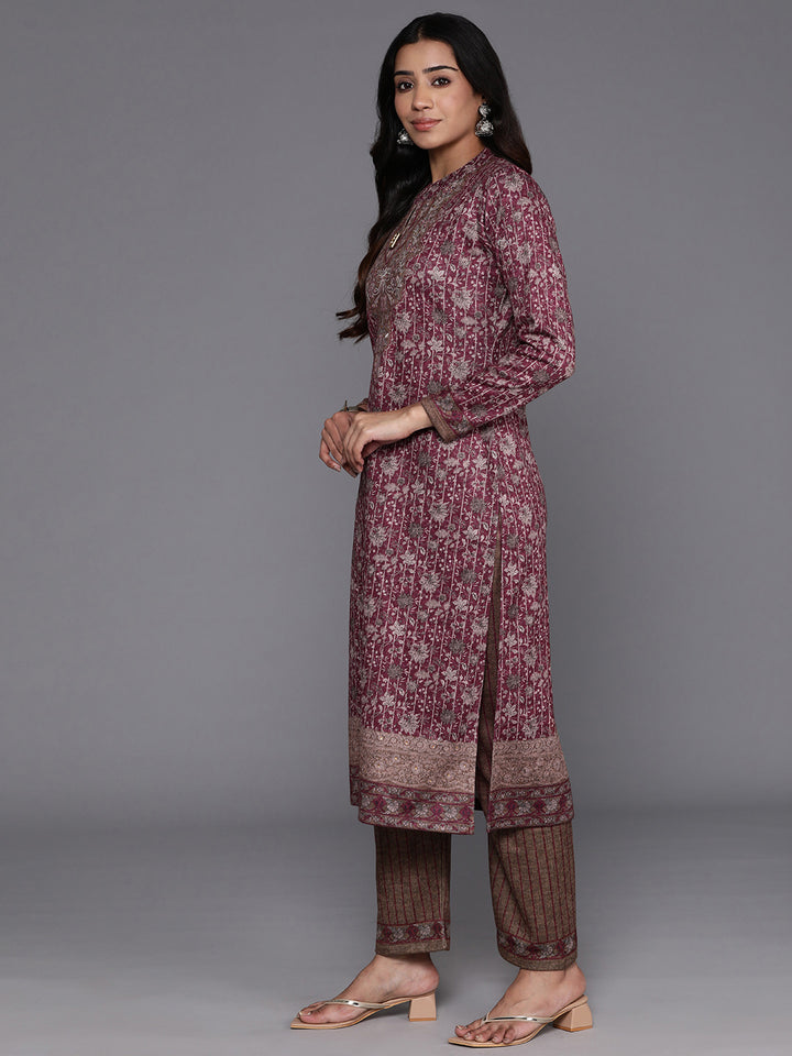 Maroon Printed Wool Blend Straight Suit With Dupatta