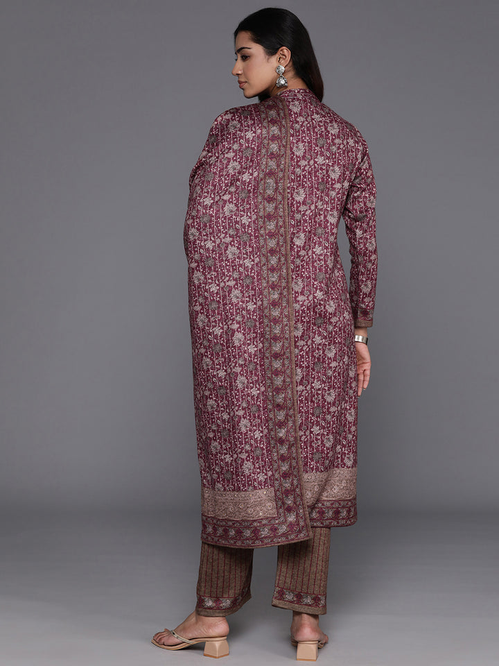 Maroon Printed Wool Blend Straight Suit With Dupatta