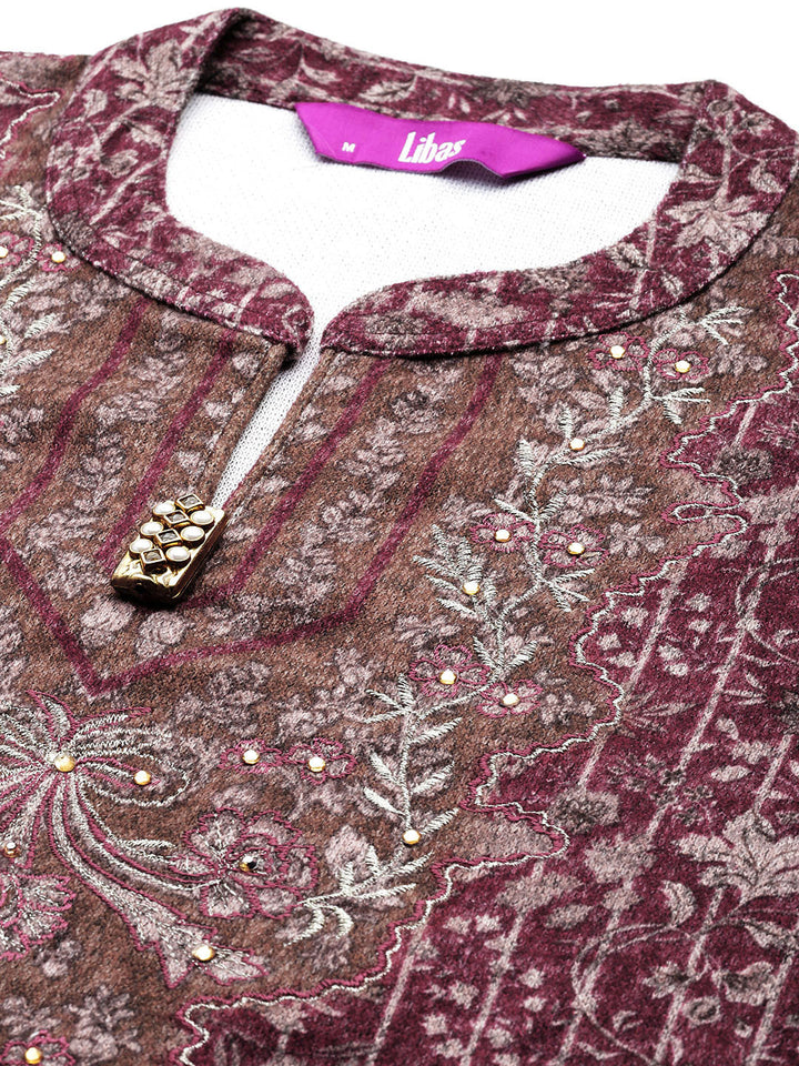 Maroon Printed Wool Blend Straight Suit With Dupatta