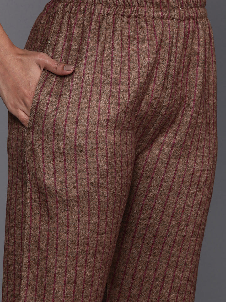 Maroon Printed Wool Blend Straight Suit With Dupatta