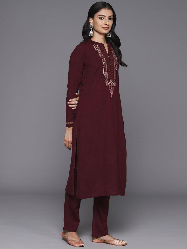 Maroon Yoke Design Wool Blend Straight Suit With Dupatta