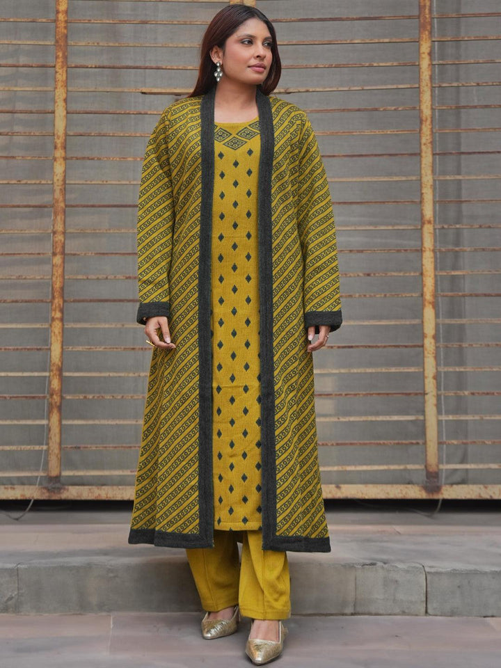 Mustard Woven Design Wool Straight Kurta Set