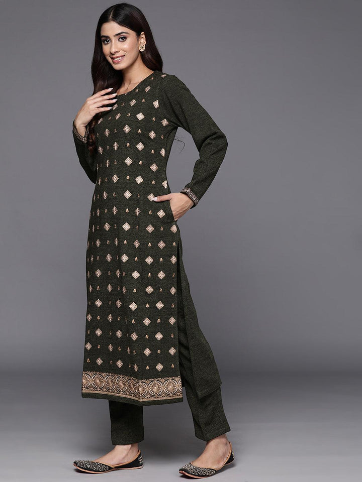 Olive Embroidered Wool Straight Kurta Set