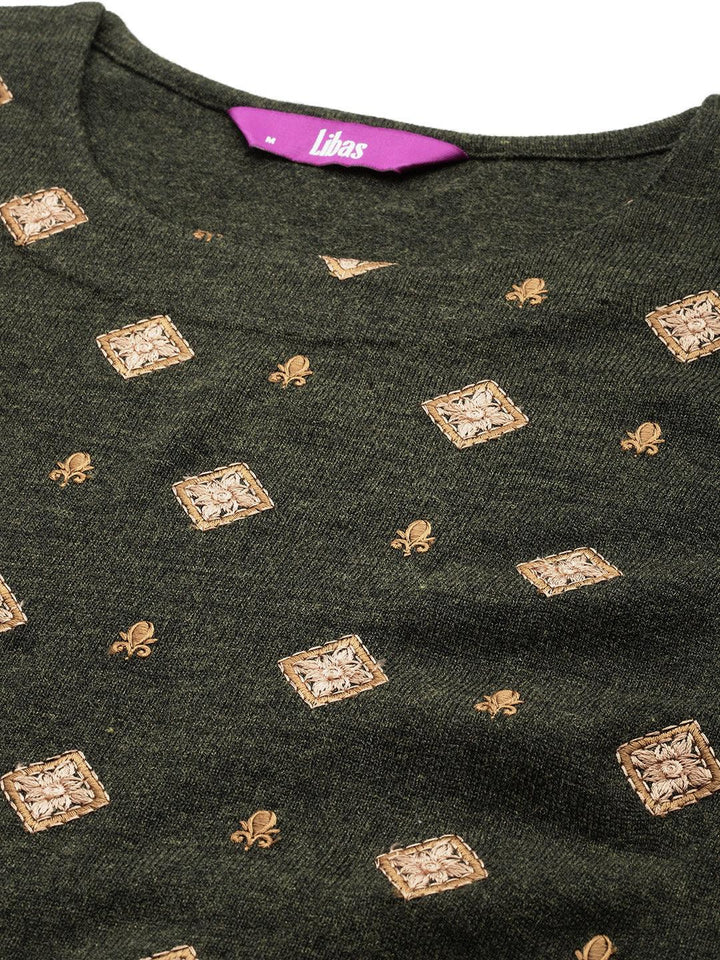 Olive Embroidered Wool Straight Kurta Set