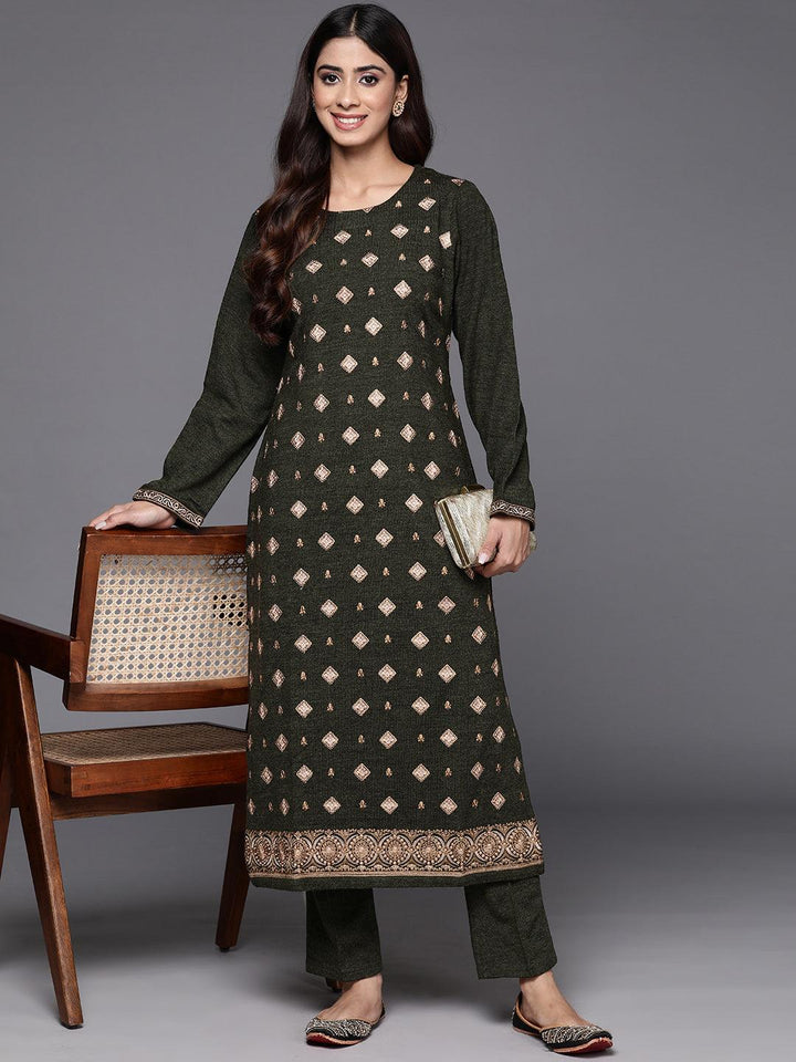 Olive Embroidered Wool Straight Kurta Set