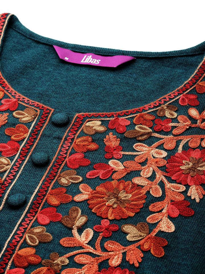 Green Yoke Design Wool Straight Kurta Set