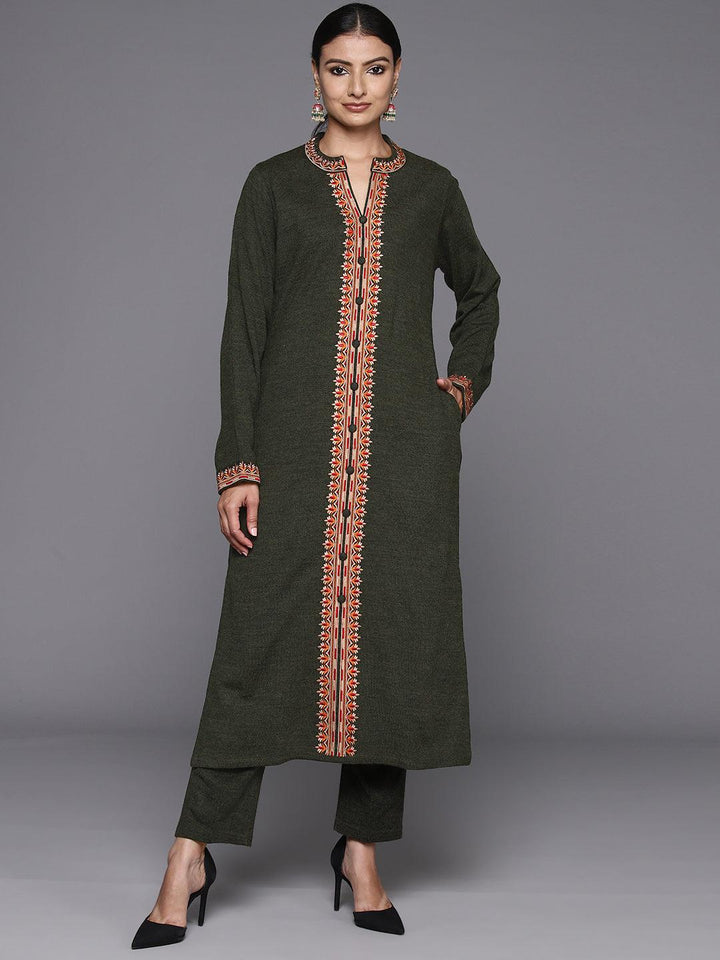 Olive Embroidered Wool Straight Kurta Set