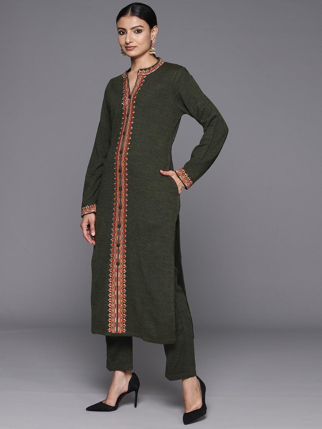 Olive Embroidered Wool Straight Kurta With Trousers - ShopLibas