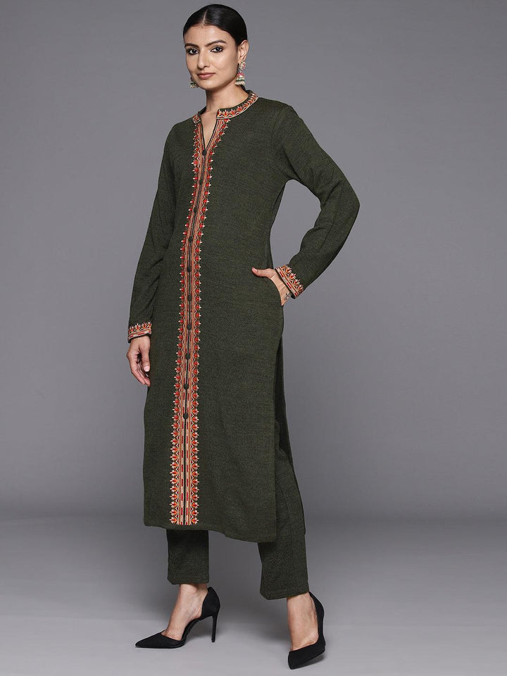 Olive Embroidered Wool Straight Kurta Set