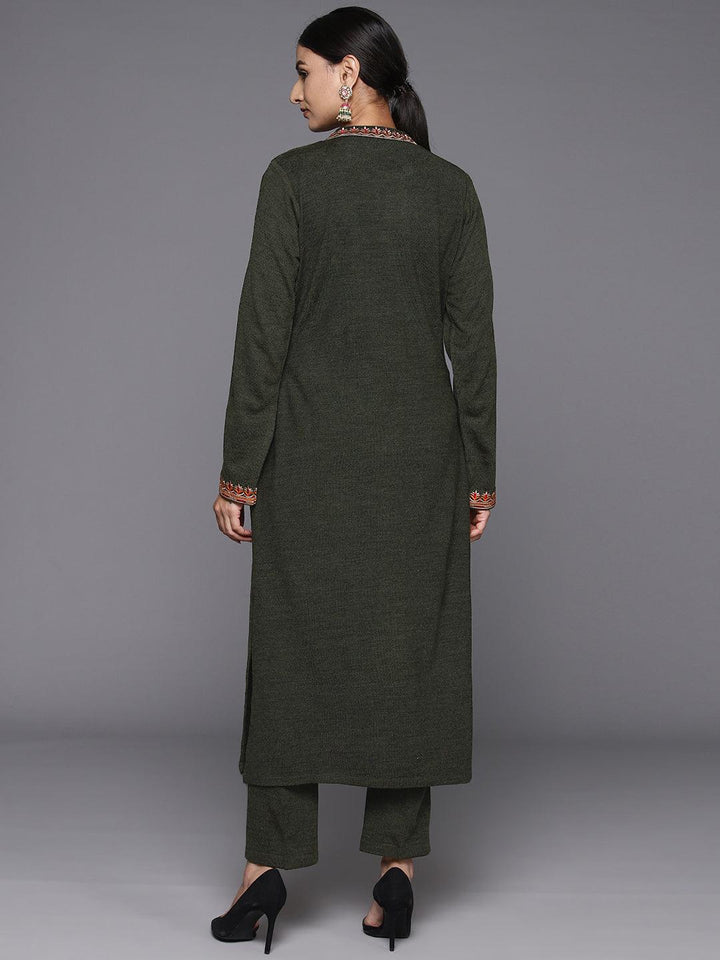 Olive Embroidered Wool Straight Kurta Set