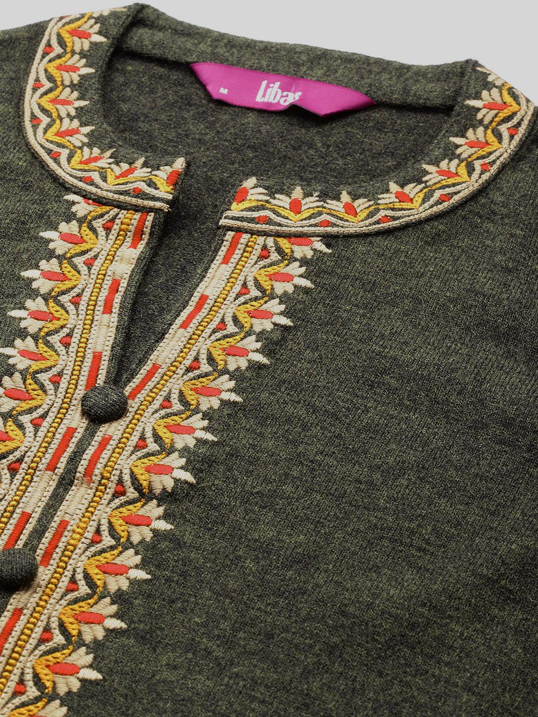 Olive Embroidered Wool Straight Kurta With Trousers - ShopLibas