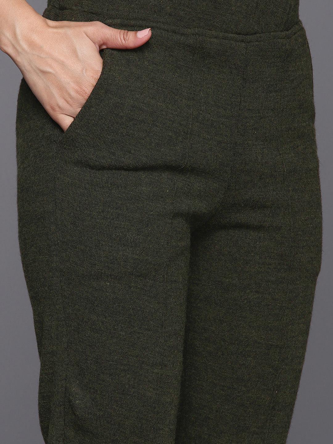 Olive Embroidered Wool Straight Kurta With Trousers - ShopLibas