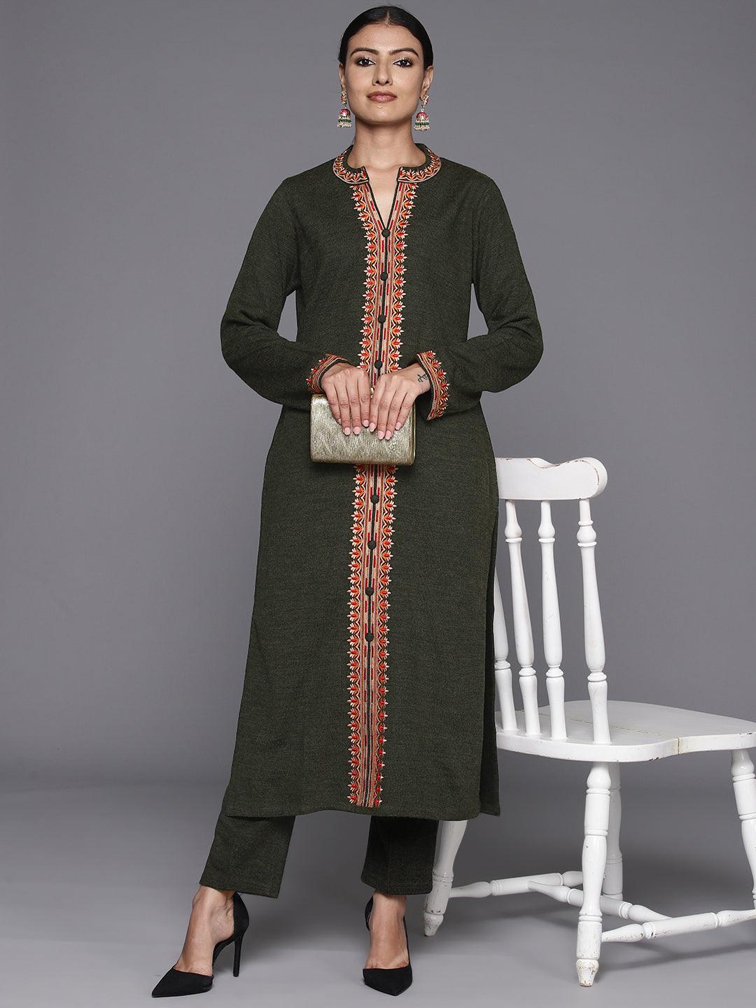 Olive Embroidered Wool Straight Kurta With Trousers - ShopLibas