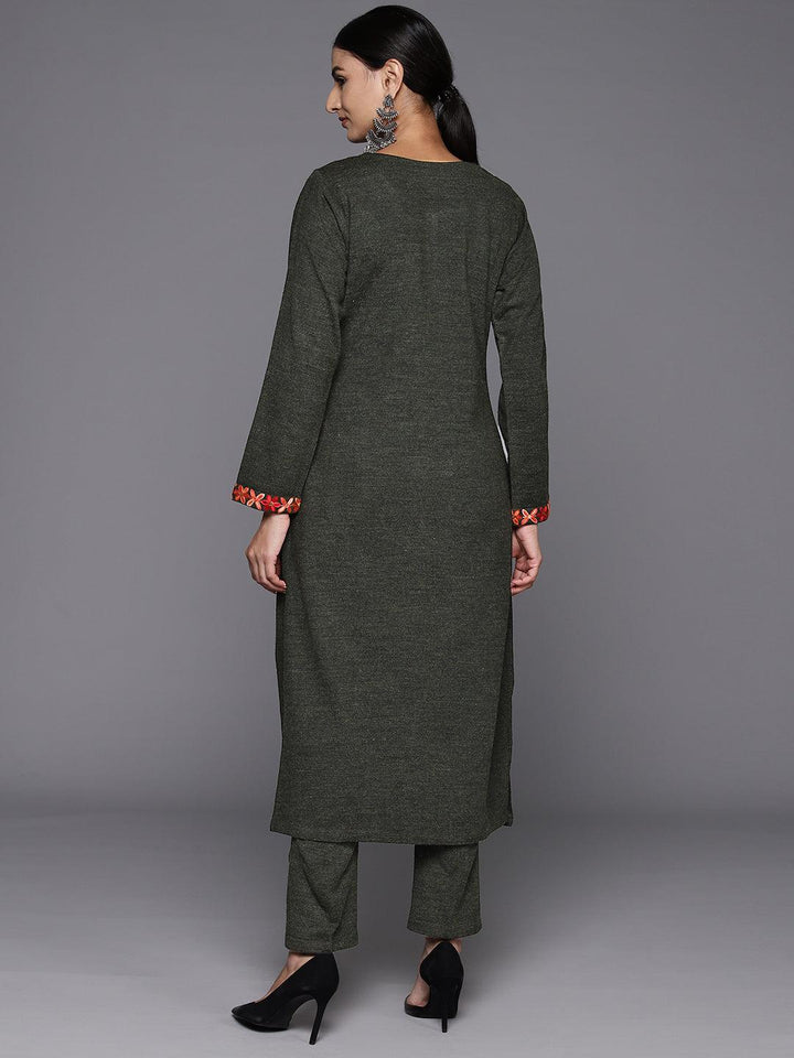 Green Yoke Design Wool Straight Kurta Set
