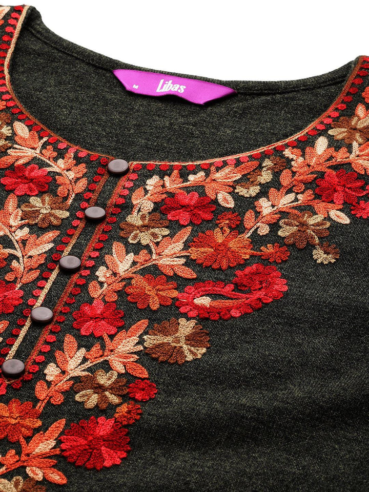 Green Yoke Design Wool Straight Kurta Set