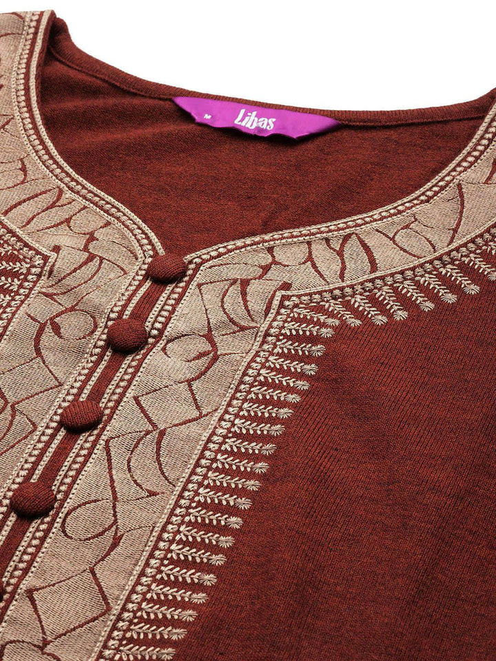 Wine Yoke Design Wool Straight Kurta Set