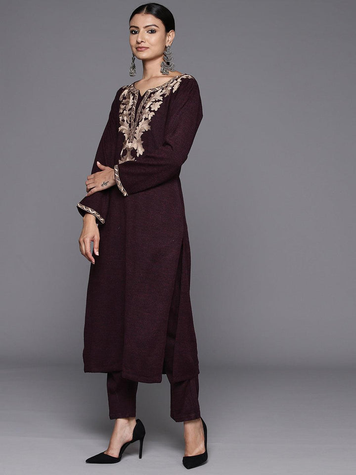 Wine Yoke Design Wool Straight Kurta Set