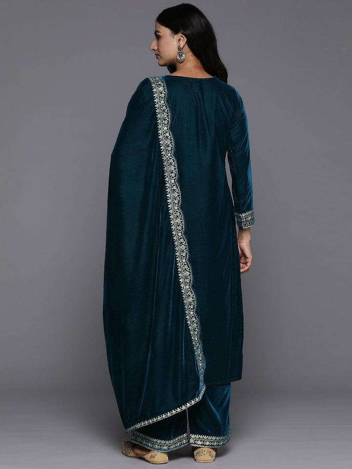 Teal Yoke Design Velvet Straight Suit With Dupatta