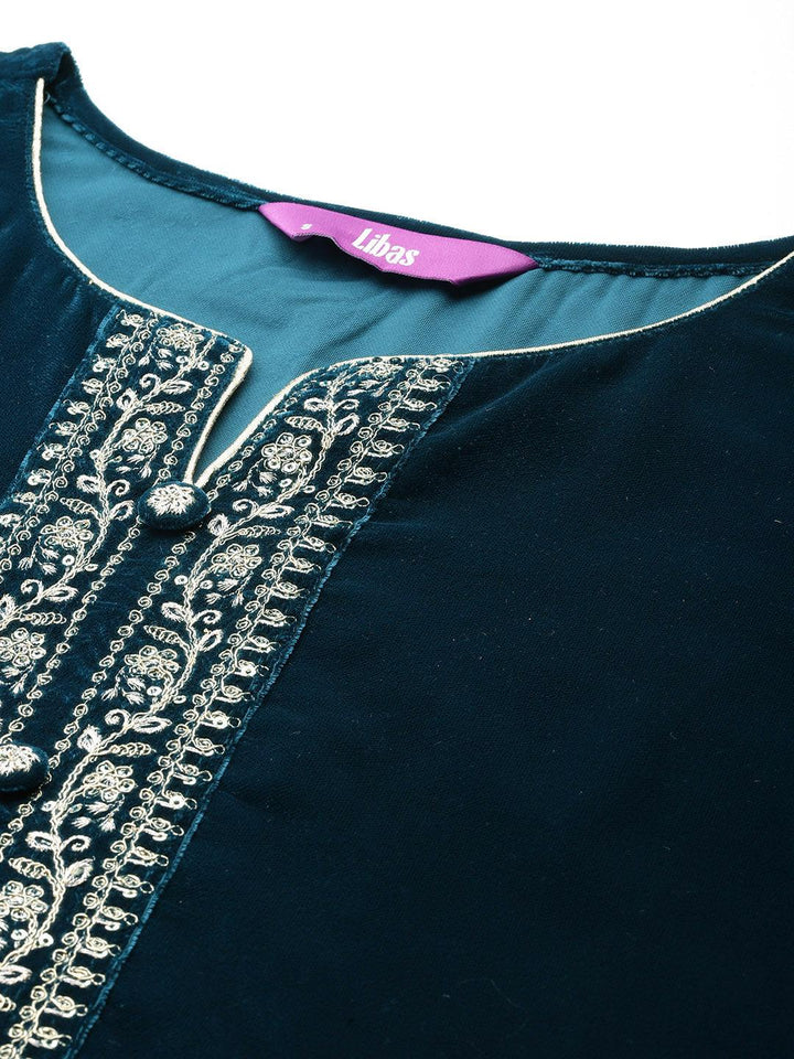 Teal Yoke Design Velvet Straight Suit With Dupatta