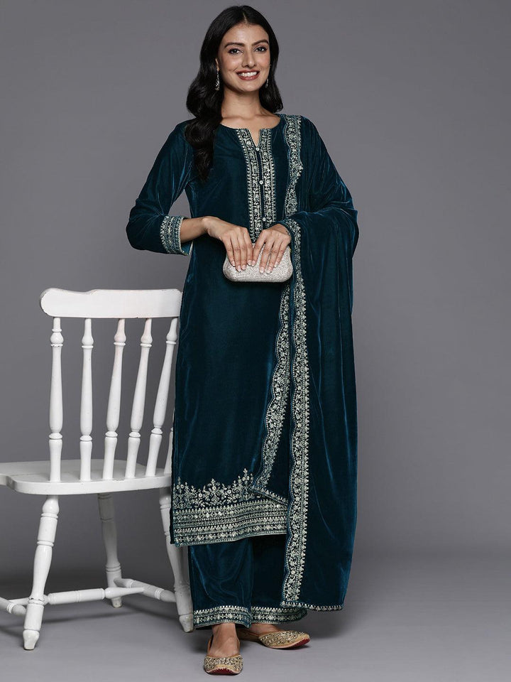 Teal Yoke Design Velvet Straight Suit With Dupatta