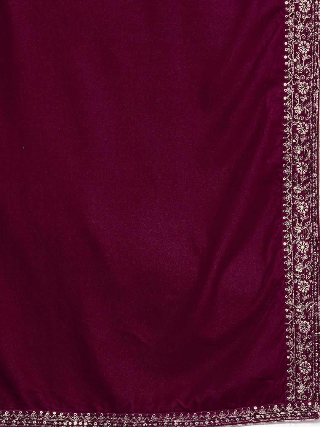 Fuschia Yoke Design Velvet A-Line Kurta With Palazzos & Dupatta - ShopLibas
