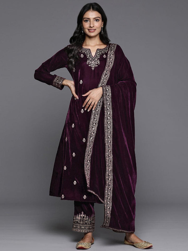 Purple Embroidered Velvet A-Line Kurta With Trousers & Dupatta