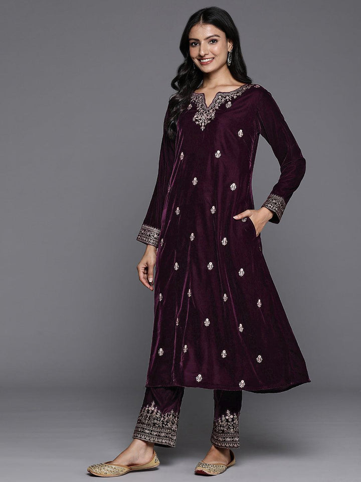 Purple Embroidered Velvet A-Line Kurta With Trousers & Dupatta