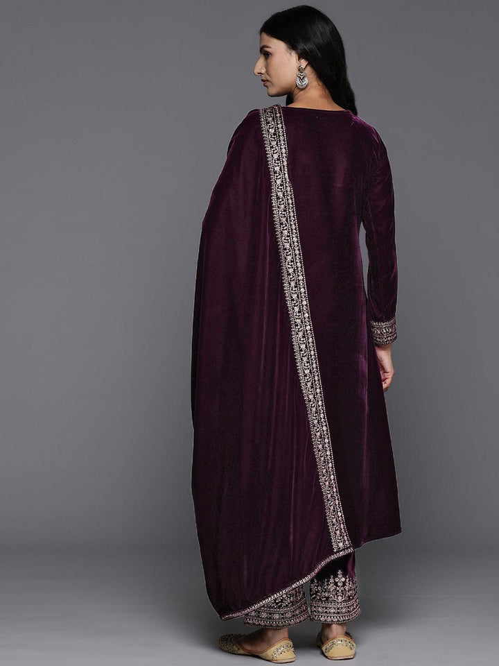 Purple Embroidered Velvet A-Line Kurta With Trousers & Dupatta