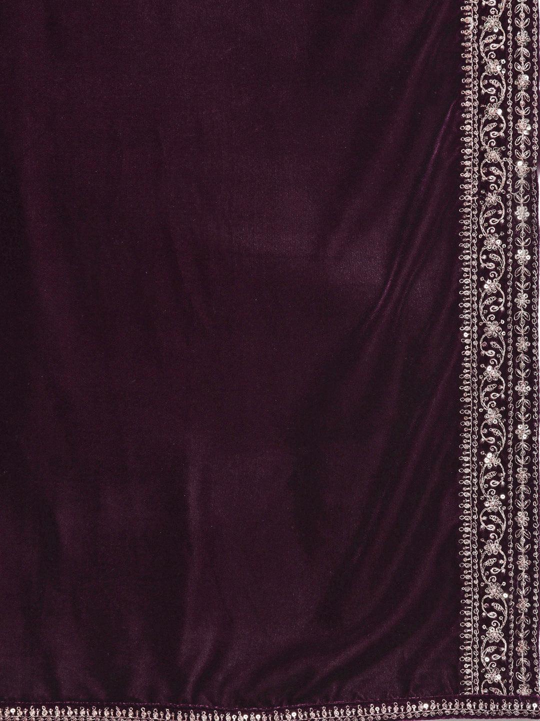 Purple Embroidered Velvet A-Line Kurta With Trousers & Dupatta - ShopLibas