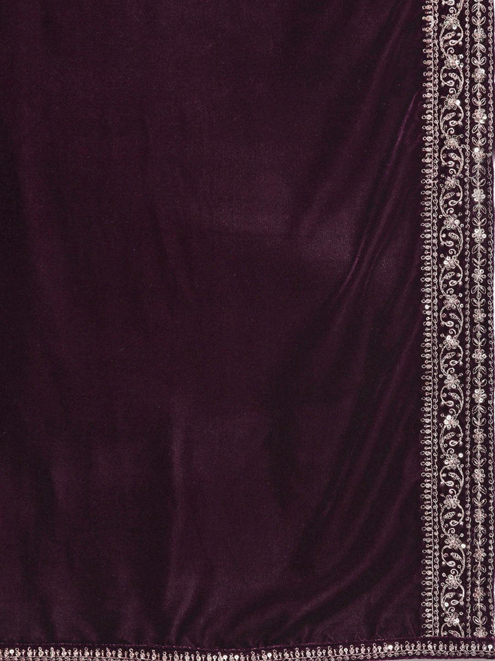 Purple Embroidered Velvet A-Line Kurta With Trousers & Dupatta